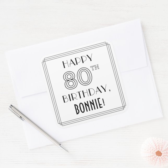 HAPPY 80TH BIRTHDAY, Art Deco Style, Custom Name Square Sticker (Envelope)