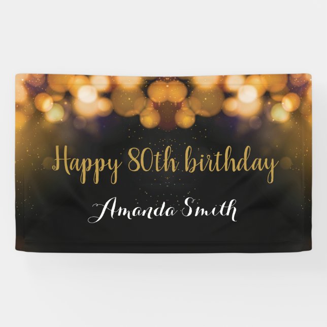 Happy 80th Birthday Banner. Black and Gold Glitter Banner (Horizontal)