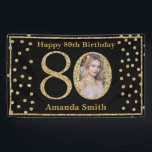 Happy 80th Birthday Banner Black and Gold Photo<br><div class="desc">Happy 80th Birthday Banner Black and Gold Glitter Confetti with custom photo. Printable Digital. For further customisation,  please click the "Customise it" button and use our design tool to modify this template.</div>