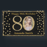 Happy 80th Birthday Banner Black and Gold Photo<br><div class="desc">Happy 80th Birthday Banner Black and Gold Glitter Confetti with custom photo. Printable Digital. For further customisation,  please click the "Customise it" button and use our design tool to modify this template.</div>