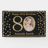 Happy 80th Birthday Banner Black and Gold Photo
