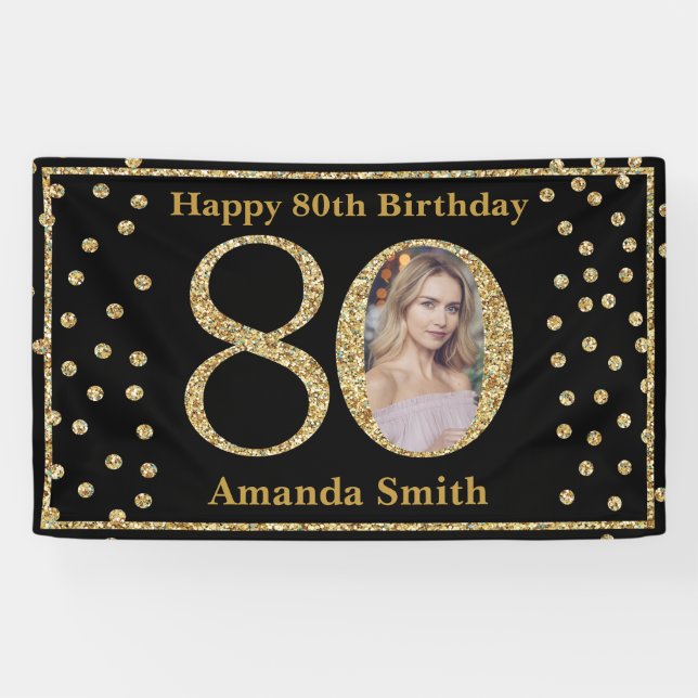 Happy 80th Birthday Banner Black and Gold Photo (Horizontal)