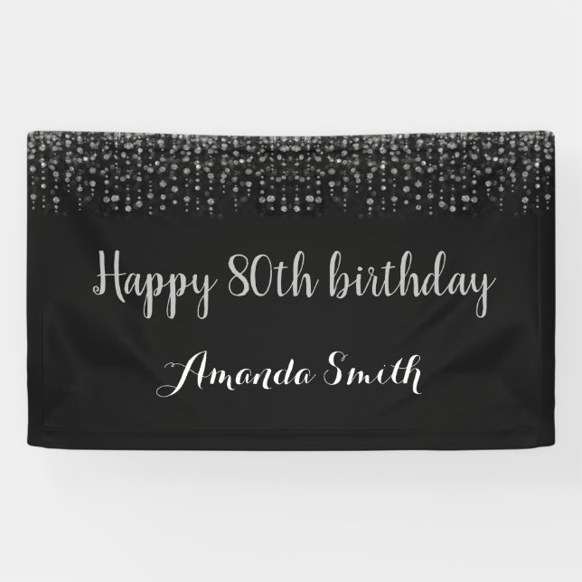 Happy 80th Birthday Banner. Black Silver Glitter Banner (Horizontal)