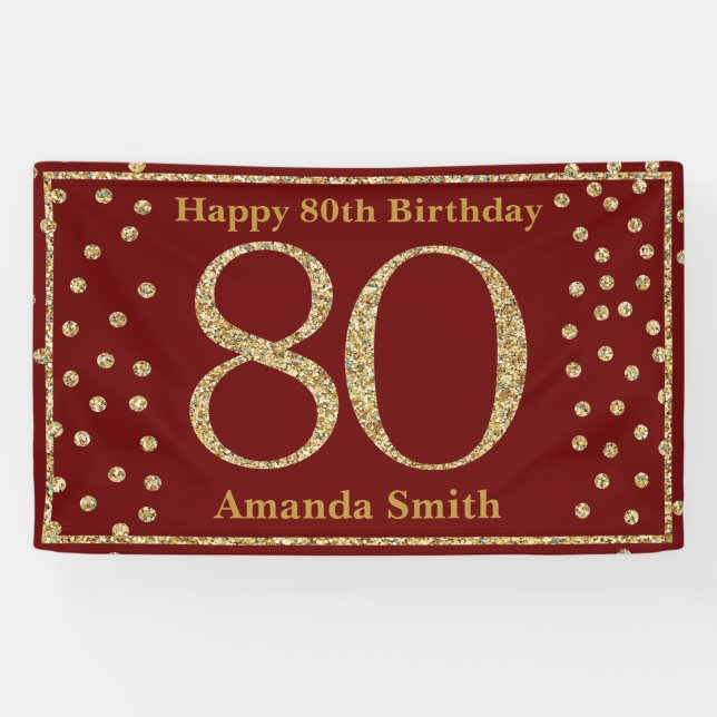 Happy 80th Birthday Banner Burgundy Red Gold (Horizontal)