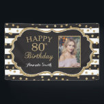 Happy 80th Birthday Banner. Gold Glitter Photo Banner<br><div class="desc">Happy 80th Birthday Banner for women or man. Black and Gold Birthday Party Banner. Gold Glitter Confetti. Black and White Stripes. Printable Digital. For further customisation,  please click the "Customise it" button and use our design tool to modify this template.</div>