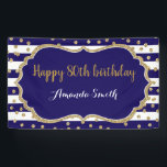 Happy 80th Birthday Banner. Navy Blue Gold Glitter Banner<br><div class="desc">Happy 80th Birthday Banner for women or man. Navy Blue and Gold Birthday Party Banner. Gold Glitter Confetti. Black and White Stripes. Printable Digital. For further customisation,  please click the "Customise it" button and use our design tool to modify this template.</div>