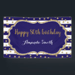Happy 80th Birthday Banner. Navy Blue Gold Glitter Banner<br><div class="desc">Happy 80th Birthday Banner for women or man. Navy Blue and Gold Birthday Party Banner. Gold Glitter Confetti. Black and White Stripes. Printable Digital. For further customisation,  please click the "Customise it" button and use our design tool to modify this template.</div>