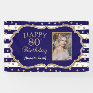 Happy 80th Birthday Banner Navy Blue Gold Photo
