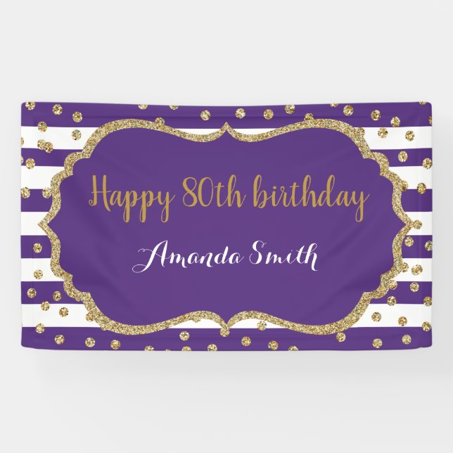Happy 80th Birthday Banner Purple and Gold Glitter (Horizontal)