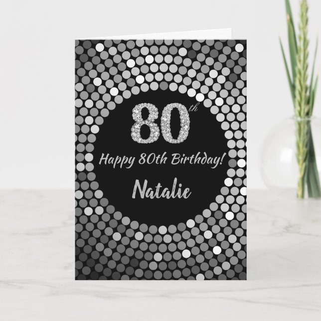 Happy 80th Birthday Black and Silver Glitter Card (Front)