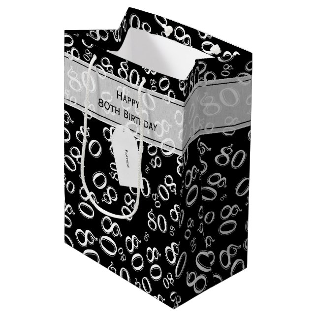 Happy 80th Birthday Black/White Number Pattern Medium Gift Bag (Front Angled)