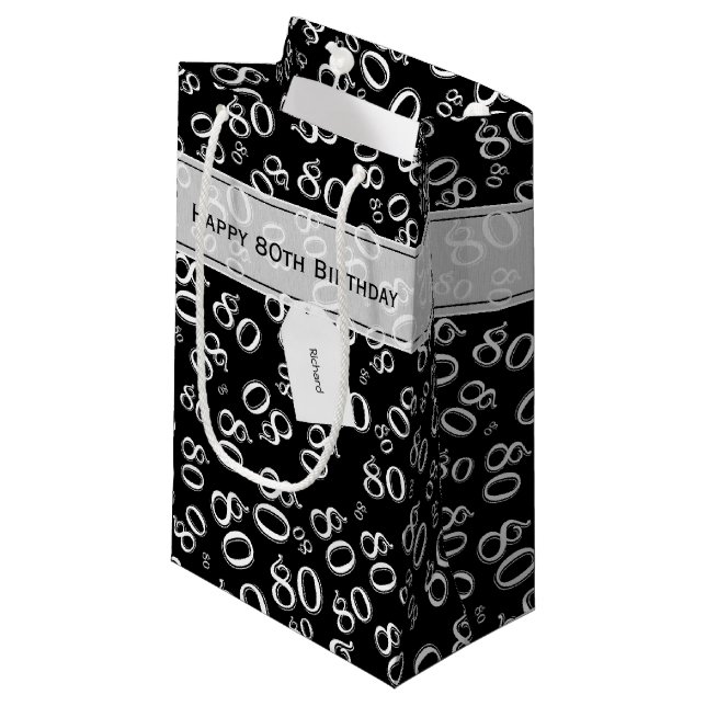 Happy 80th Birthday Black/White Number Pattern Small Gift Bag (Front Angled)