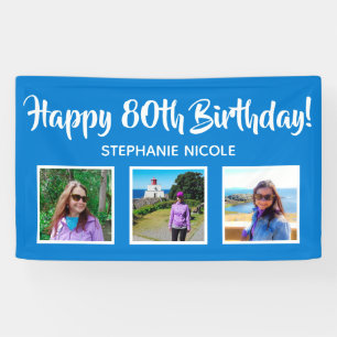 Happy 80th Birthday Blue Personalised 3 Photos Banner