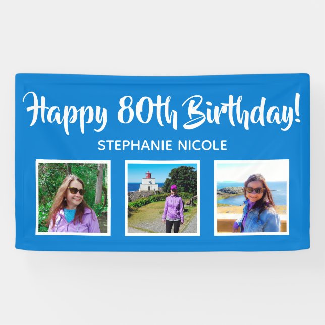 Happy 80th Birthday Blue Personalised 3 Photos Banner (Horizontal)