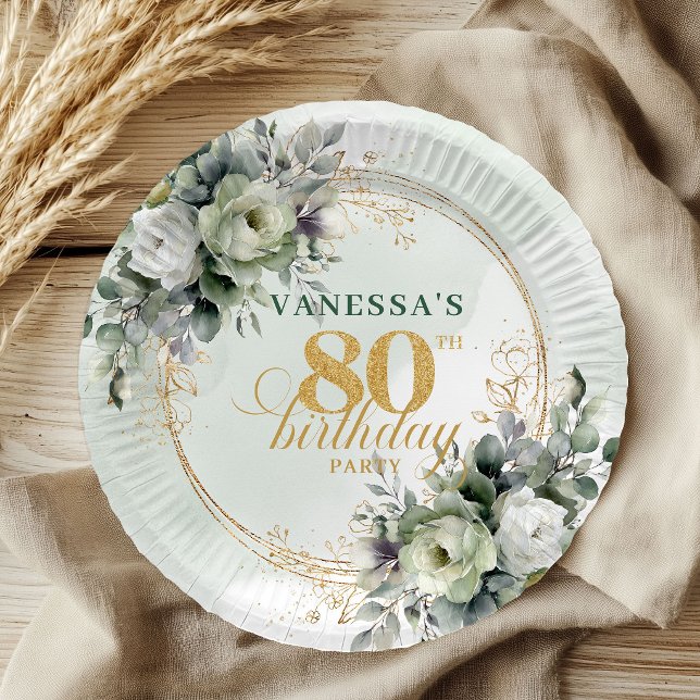 Happy 80th Birthday Botanical Eucalyptus Plate (Happy 80th Birthday Botanical Eucalyptus Plate)