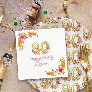Happy 80th Birthday Floral Gold Number 80 Party Napkin