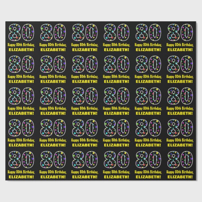 Happy 80th Birthday, Fun Colourful Stars Pattern 8 Wrapping Paper (Flat)