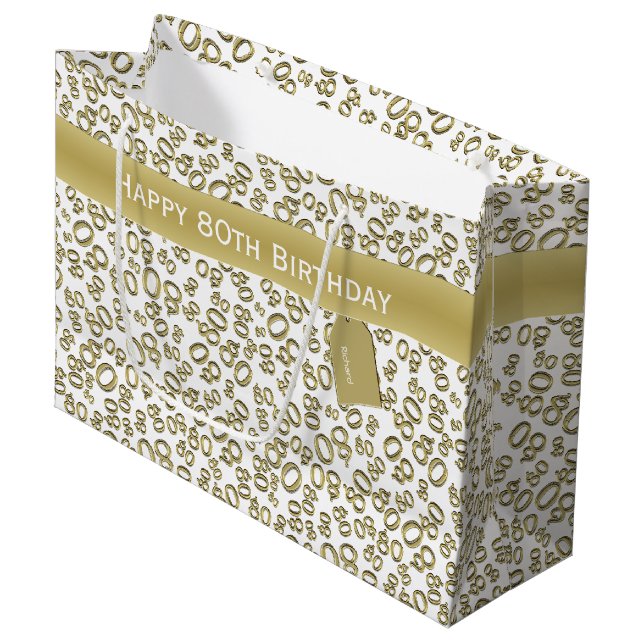 Happy 80th Birthday Gold and White Number Pattern Large Gift Bag (Front Angled)