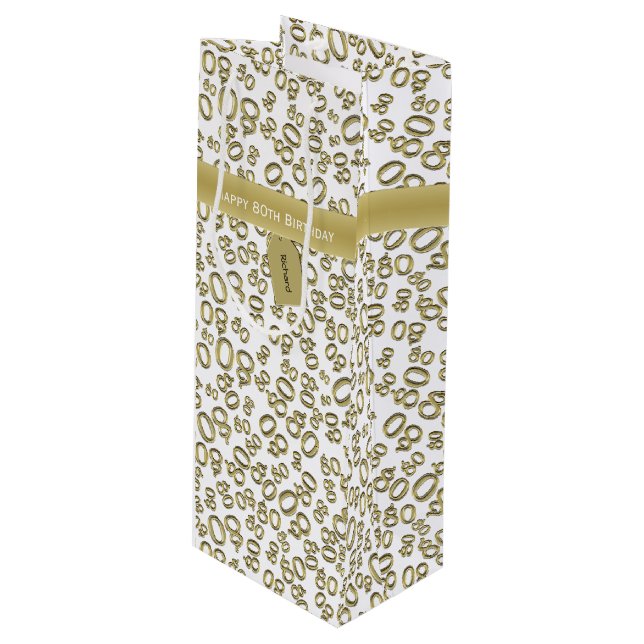 Happy 80th Birthday Gold and White Number Pattern Wine Gift Bag (Front Angled)