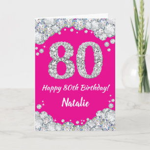 Happy 80th Birthday Hot Pink and Silver Glitter Card