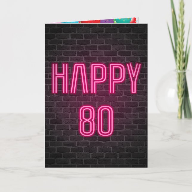 Happy 80th Birthday Neon Sign on brick Card (Front)