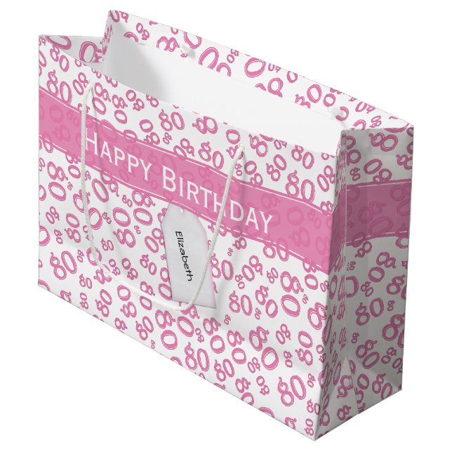 Happy 80th Birthday Pink and White Number Pattern Large Gift Bag (Front Angled)