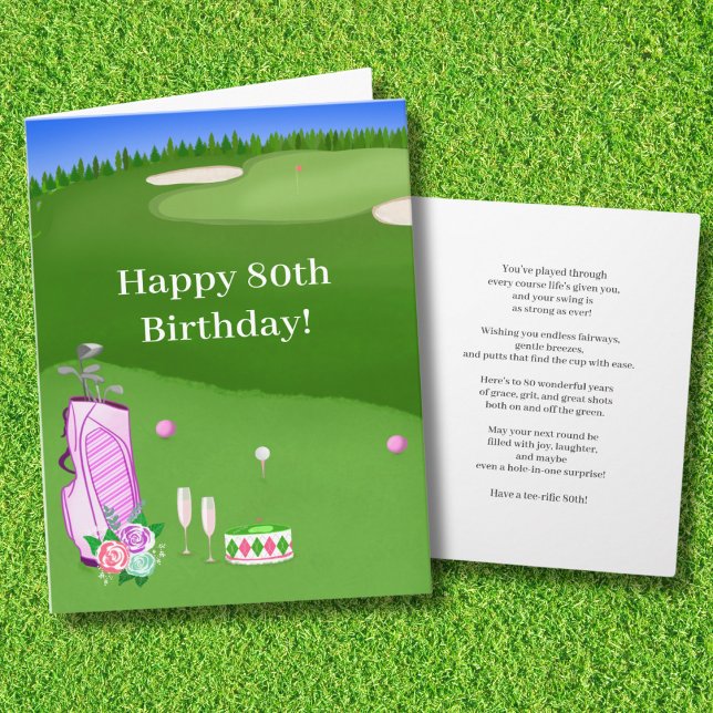 Happy 80th Birthday Pink Golf Bag On Golf Course Card (Creator Uploaded)
