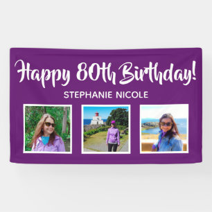 Happy 80th Birthday Purple Personalised 3 Photos Banner