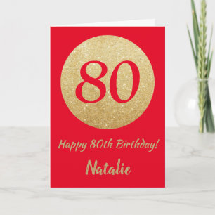 Happy 80th Birthday Red and Gold Glitter Card