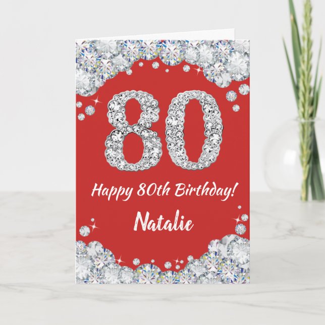 Happy 80th Birthday Red and Silver Glitter Card (Front)