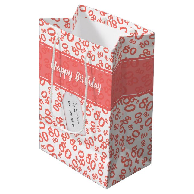 Happy 80th Coral/White Random Number Pattern Medium Gift Bag (Front Angled)