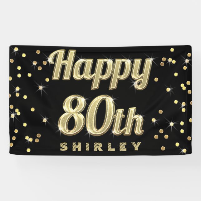 Happy 80th Gold Bling Typography Confetti Black Banner (Horizontal)