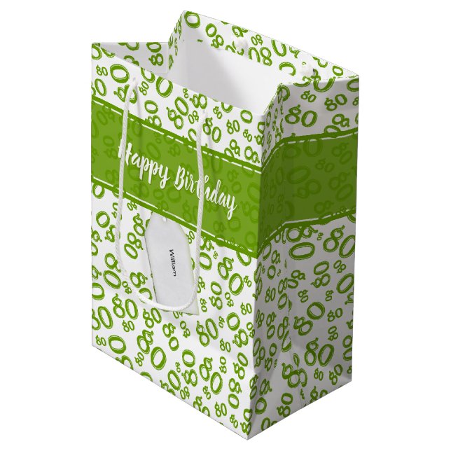 Happy 80th Green/White Random Number Pattern Medium Gift Bag (Front Angled)