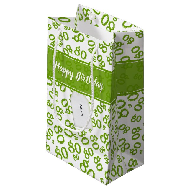 Happy 80th Green/White Random Number Pattern Small Gift Bag (Front Angled)
