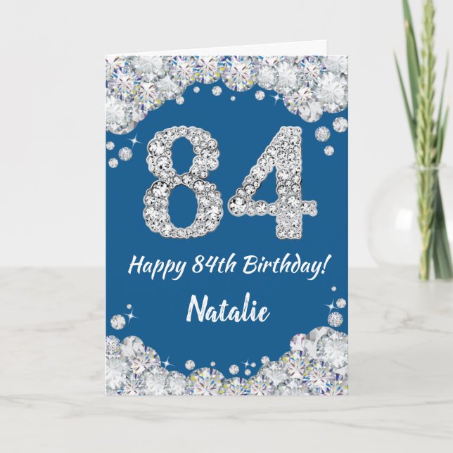Happy 84th Birthday Blue and Silver Glitter Card (Front)