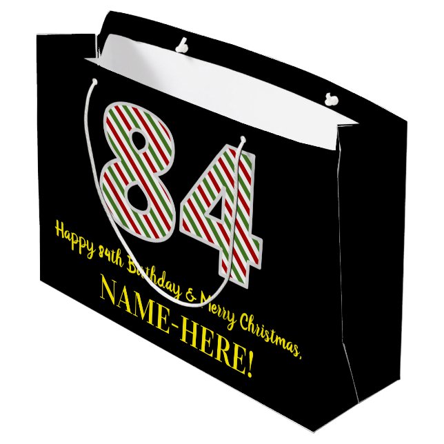 Happy 84th Birthday & Merry Christmas, Custom Name Large Gift Bag (Back Angled)