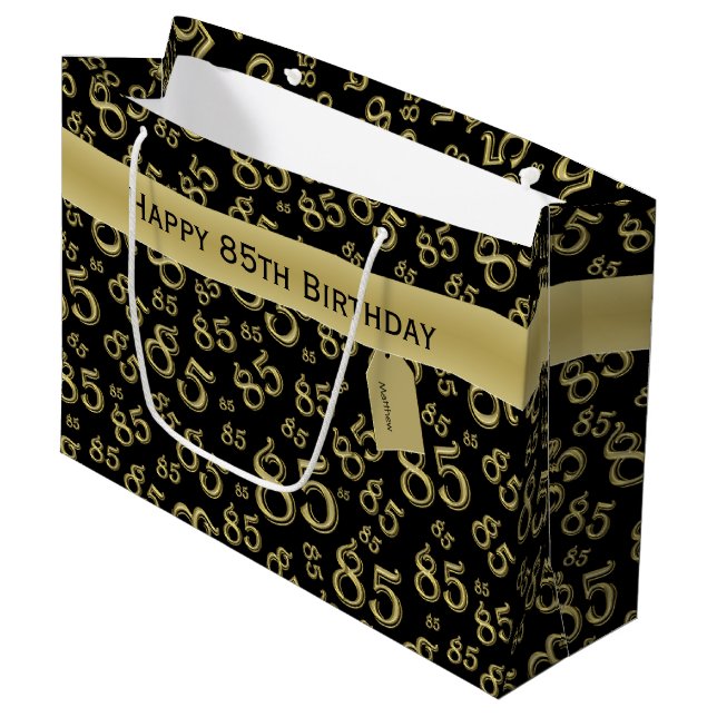 Happy 85th Birthday Number Pattern Black/Gold Large Gift Bag (Front Angled)