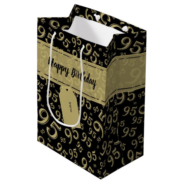 Happy 85th Birthday Number Pattern Black/Gold Medium Gift Bag (Front Angled)