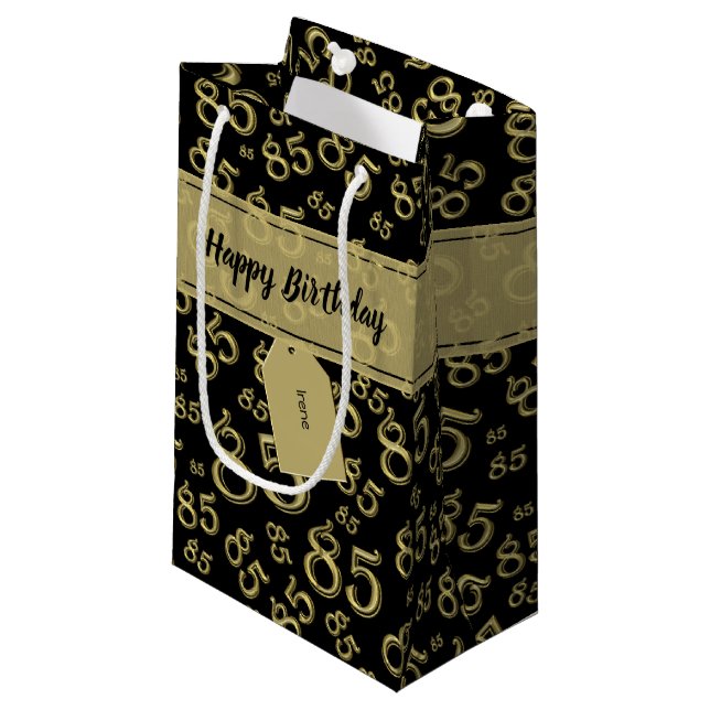 Happy 85th Birthday Number Pattern Black/Gold Small Gift Bag (Front Angled)