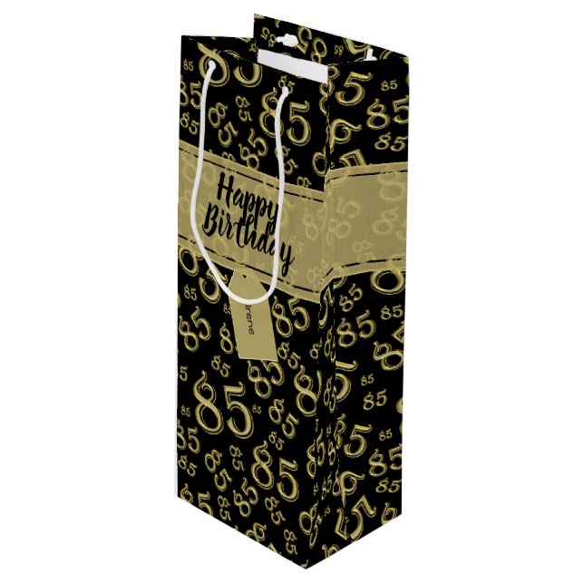 Happy 85th Birthday Number Pattern Black/Gold Wine Gift Bag (Front Angled)