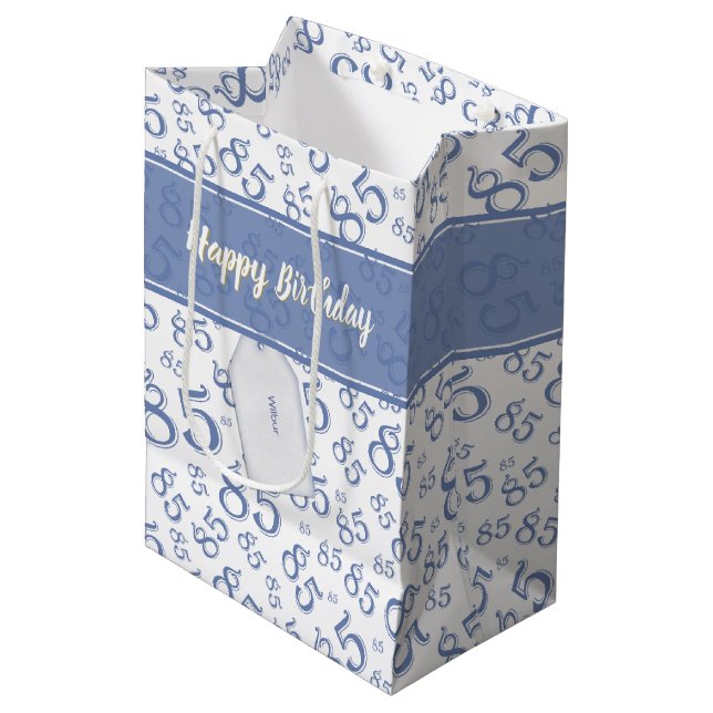 Happy 85th Birthday Number Pattern Blue/White Medium Gift Bag (Front Angled)