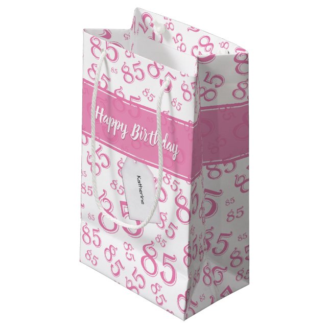 Happy 85th Birthday Number Pattern Pink/White Small Gift Bag (Front Angled)
