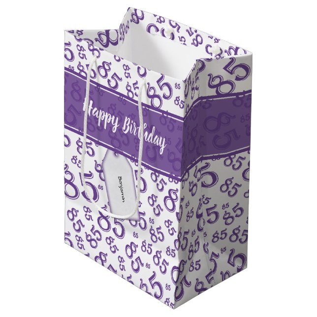 Happy 85th Birthday Number Pattern Purple/White Medium Gift Bag (Front Angled)