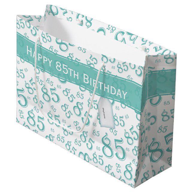 Happy 85th Birthday Number Pattern Teal/White Large Gift Bag (Front Angled)