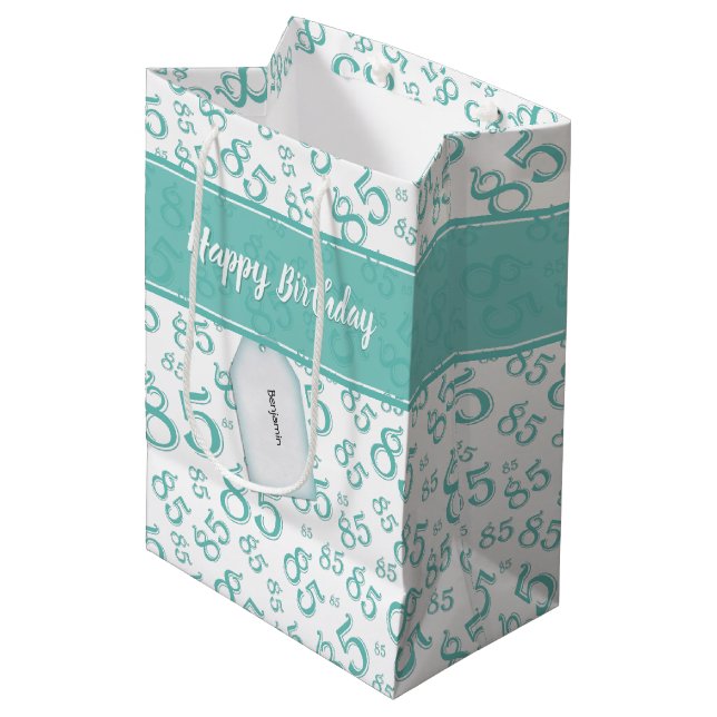 Happy 85th Birthday Number Pattern Teal/White Medium Gift Bag (Front Angled)
