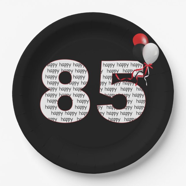 Happy 85th Birthday On Black Paper Plate (Front)