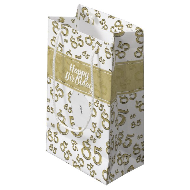 Happy 85th Birthday Party Theme Gold and White Small Gift Bag (Front Angled)