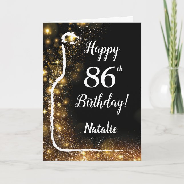 Happy 86th Birthday Black and Gold Glitter Wine Card (Front)