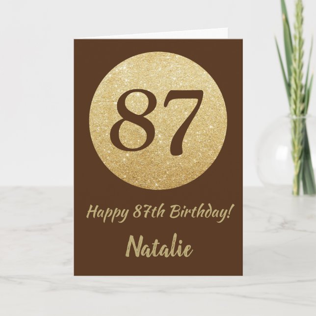 Happy 87th Birthday Brown and Gold Glitter Card (Front)