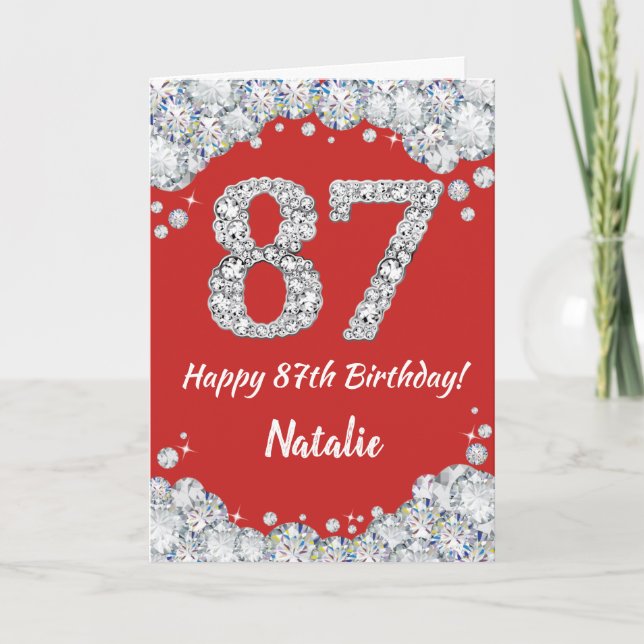 Happy 87th Birthday Red and Silver Glitter Card (Front)